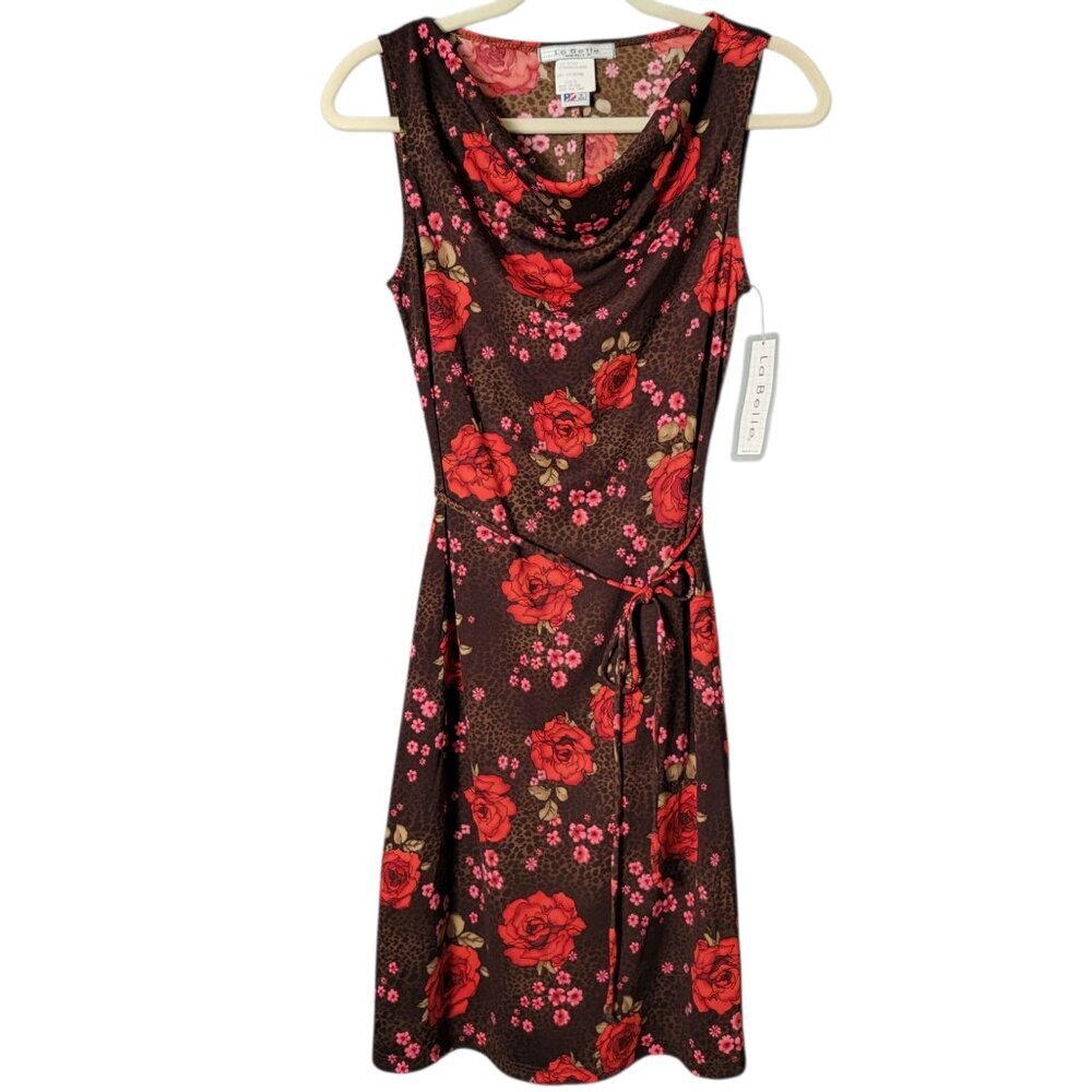 La Belle Womens Y2K Brown Floral Rose Cottage Romantic Cowl Neck Dress Medium